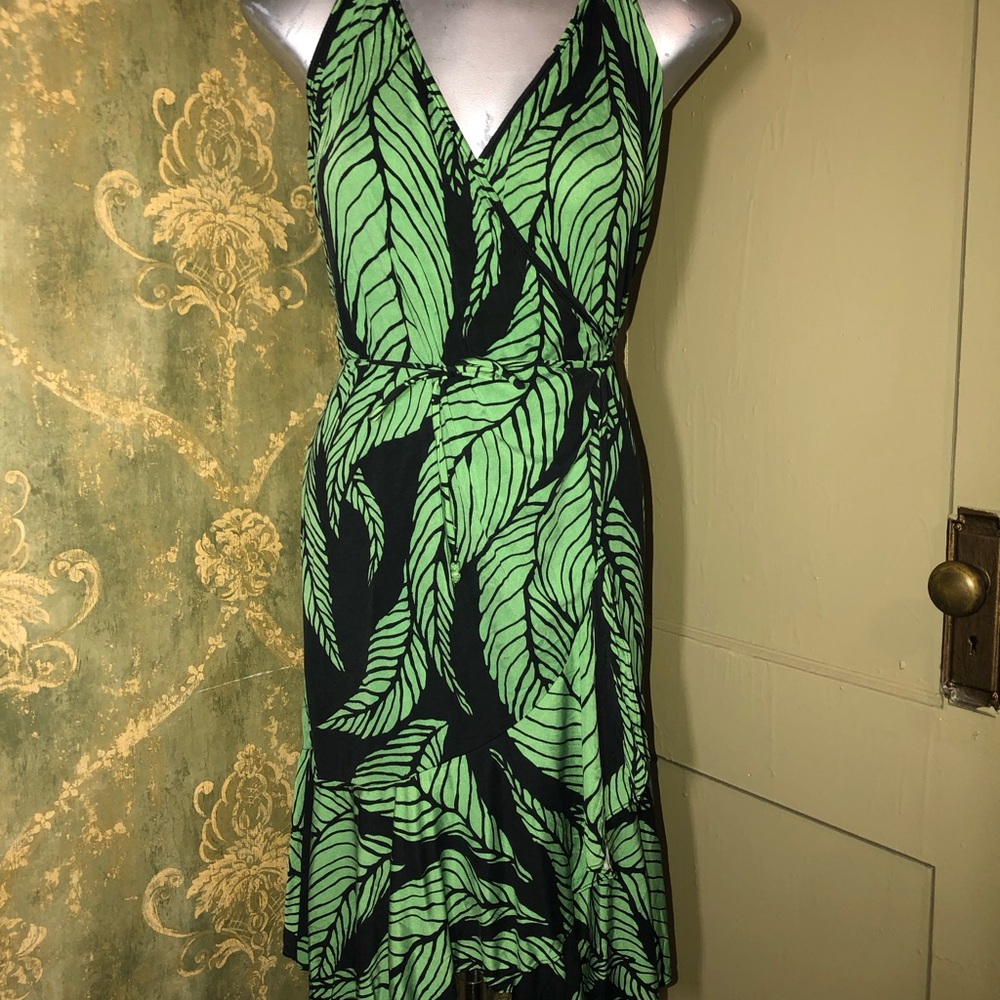 Mara Hoffman Black and Green Leaf-Print wrap Midi Dress